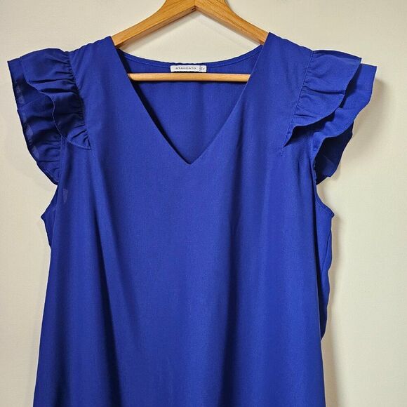 EUC STACCATO ELECTRIC BLUE V NECK FLUTTER SLEEVES SHORT DRESS SZ LARGE - Picture 4 of 15